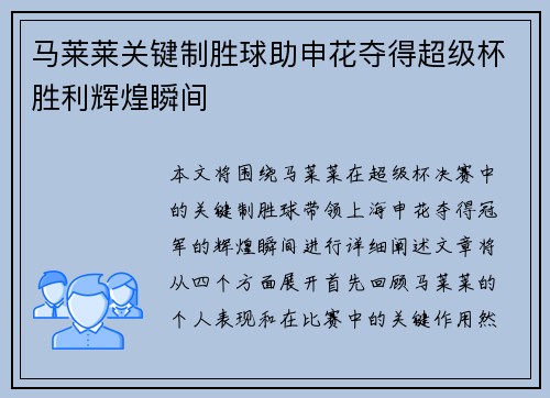 马莱莱关键制胜球助申花夺得超级杯胜利辉煌瞬间 马莱莱关键制胜球助申花夺得超级杯胜利辉煌瞬间